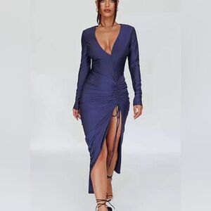 Selfie Leslie Deep Blue Ruched Long Sleeve Dress